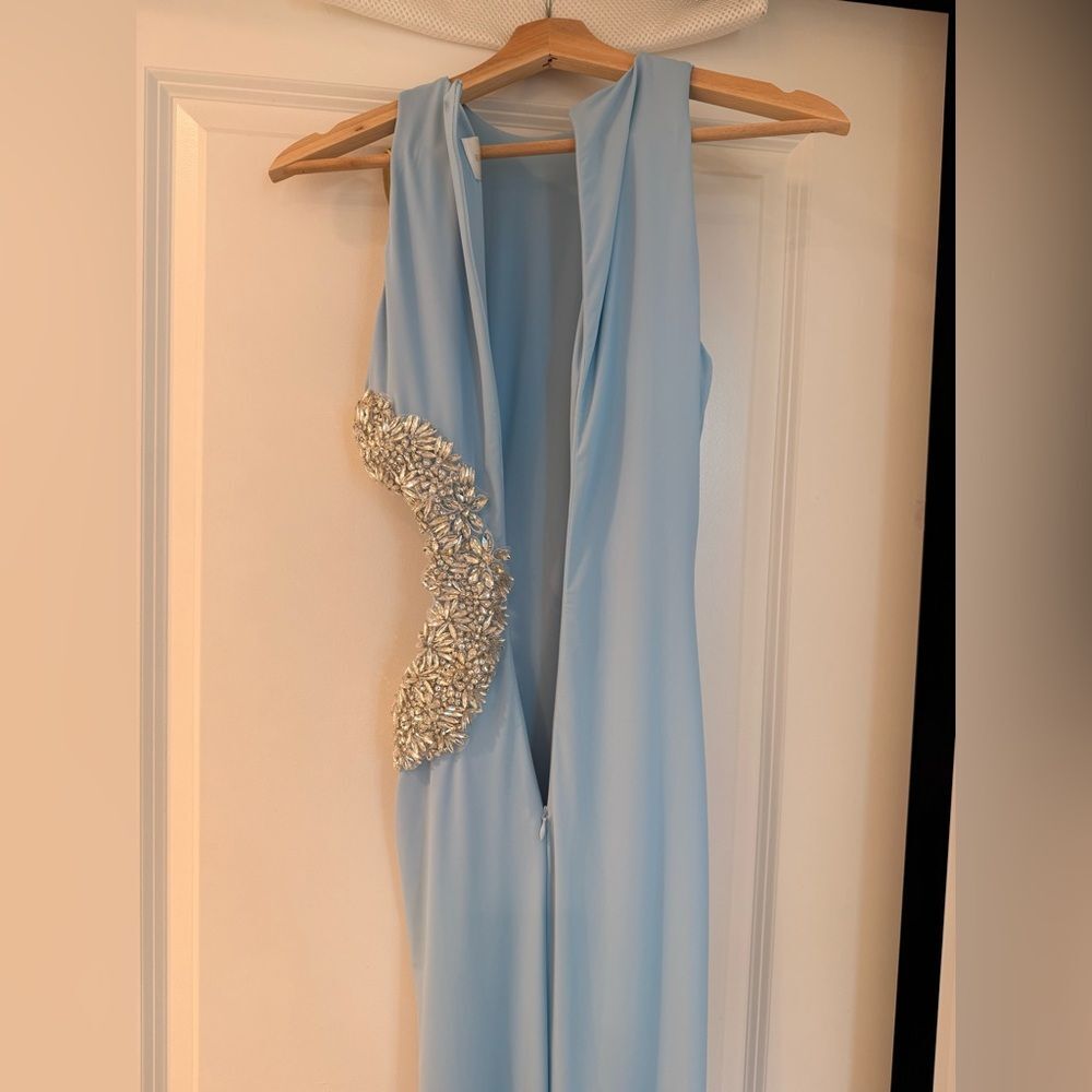 NWOT BRONX AND BANCO Camila Rhinestone Cutout Maxi Dress in powder blue - Picture 11 of 14